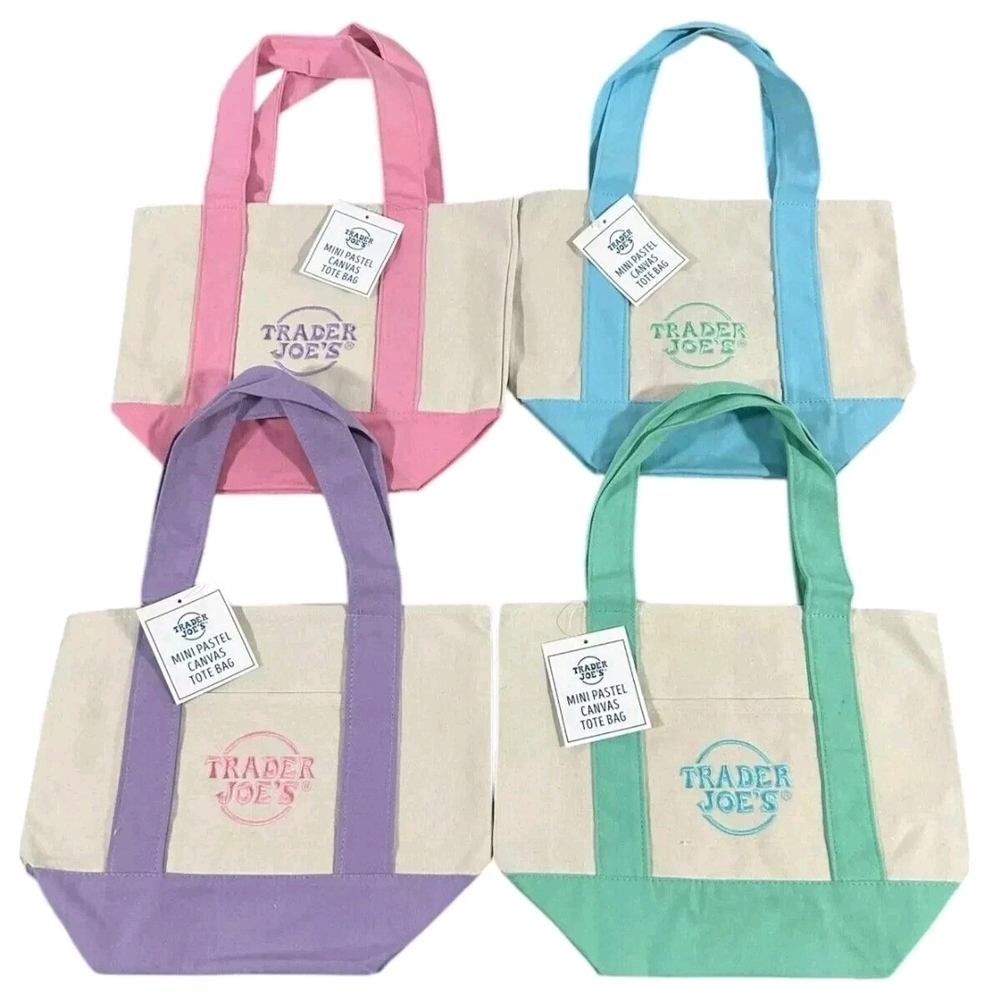 Trader Joe's Pastel Canvas Mini Tote Bag - Pink, Blue, Purple, Green